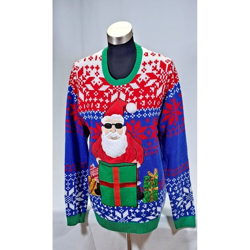 Jolly Sweaters Mens Medium Ugly Christmas Sweater Santa Sunglasses Sequins Blue